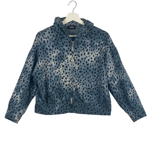 Monrow Hoodie Women XS Cropped Zip Up Cheetah Print Blue Jacket - Picture 1 of 14